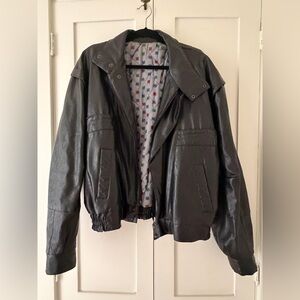 Oversized Black Leather Bomber Jacket stand collar